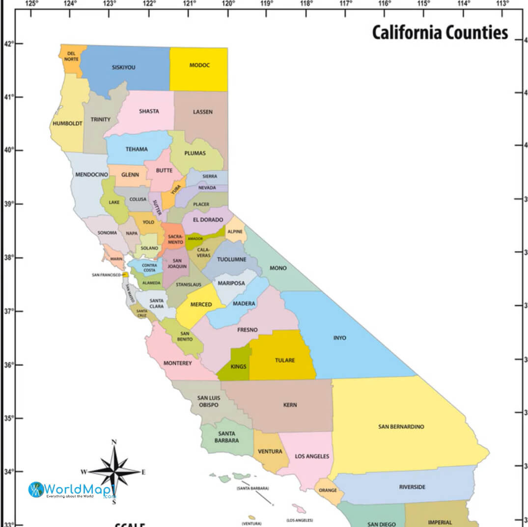 Carte de latitude et longitude de la Californie